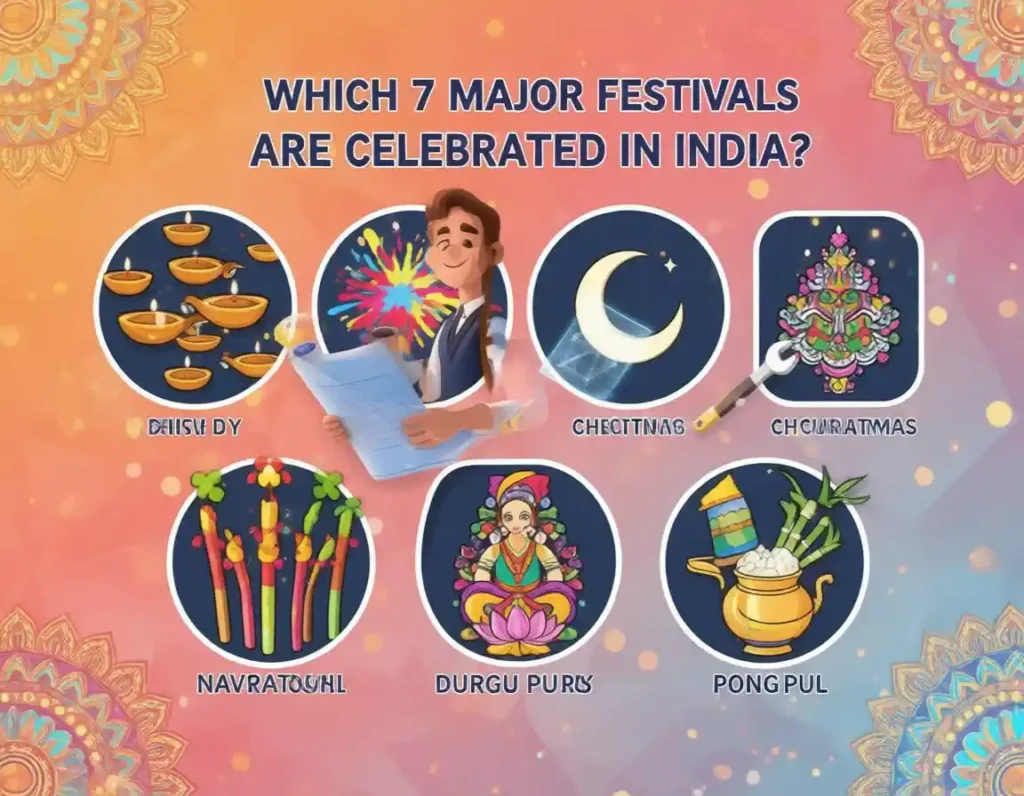 Which 7 major festivals are celebrated in India? 2 Which 7 major festivals are celebrated in India shown through colorful icons of Diwali, Holi, Eid, Christmas, Navratri, Durga Puja, and Pongal.
