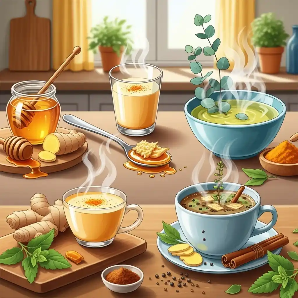 Home Remedies That Doctors Wish You Knew Before Spending Money on Treatments Today 2 Home remedies using ginger, honey, turmeric, tulsi, and steam for natural relief from cold, cough, and sore throat.