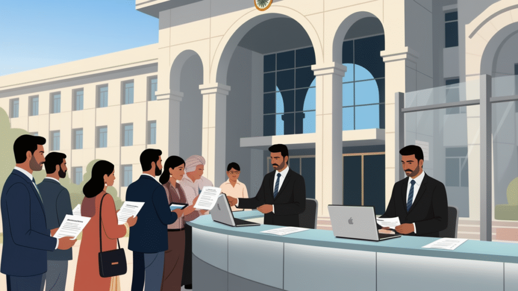 Massive Govt Jobs 2025—Apply Now For All Key Vacancies 2 DSSSB applicants submitting forms in government office for Massive Govt Jobs 2025