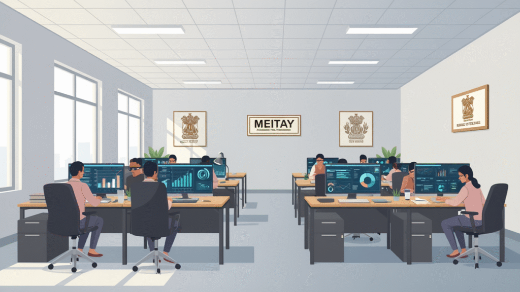 Massive Govt Jobs 2025—Apply Now For All Key Vacancies 4 MeitY office employees working on computers representing technical and administrative vacancies 2025