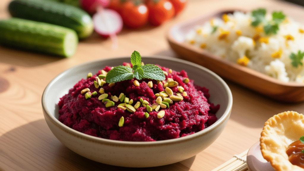 Delicious Zero Oil & Zero Salt Dinner 2025 2 No-cook beetroot halwa made with grated beetroot, banana, and dates paste served in a small bowl with natural garnish and bright lighting