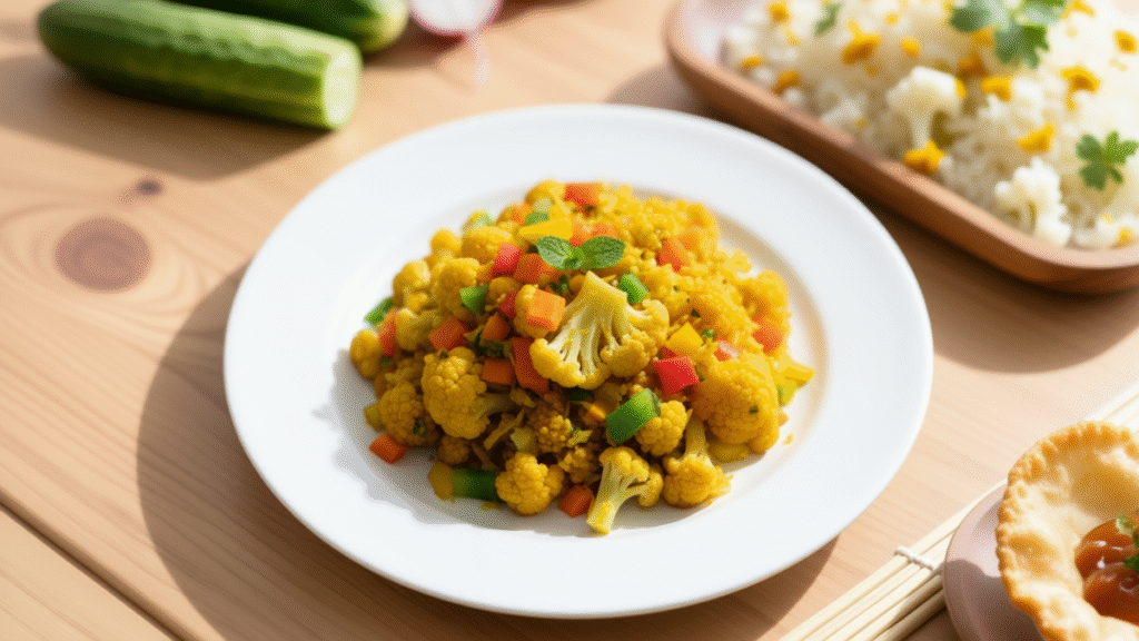 Delicious Zero Oil & Zero Salt Dinner 2025 3 Steamed cauliflower pulav without rice, mixed with colorful vegetables, served on a white plate with healthy and minimal presentation