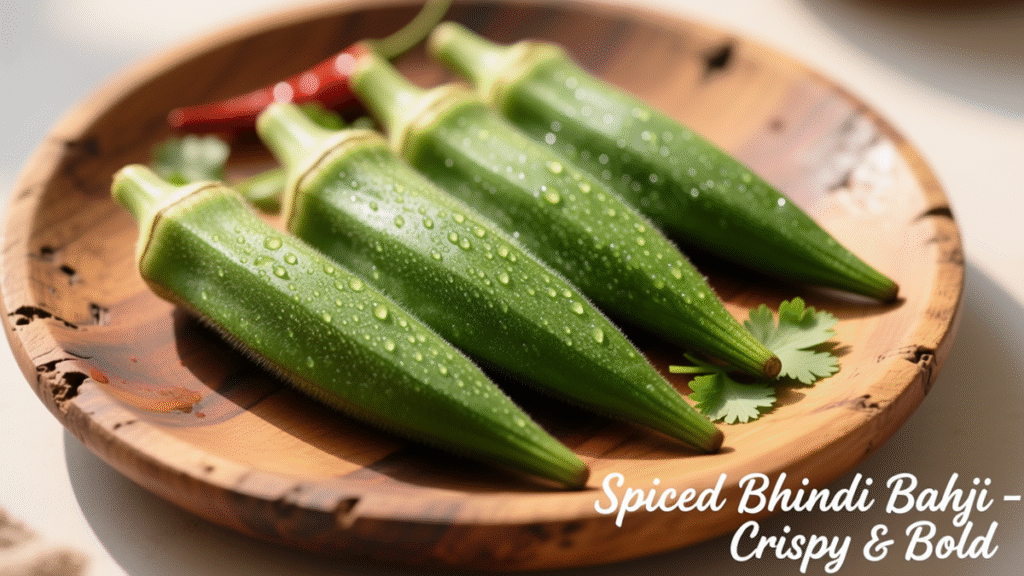 भरी भिंडी रेसिपी : आसान और टेस्टी नो-कुक तरीका 2 Bharee Bhindee Resipee – Fresh washed okra on cutting board, ready to be cut and stuffed for no-cook recipe