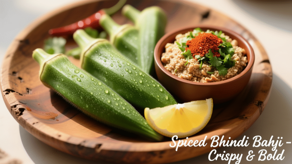 भरी भिंडी रेसिपी : आसान और टेस्टी नो-कुक तरीका 3 Bharee Bhindee Resipee – मसाले की सामग्री with peanut-sesame mix, coriander, chili powder, and lemon in rustic kitchen bowl