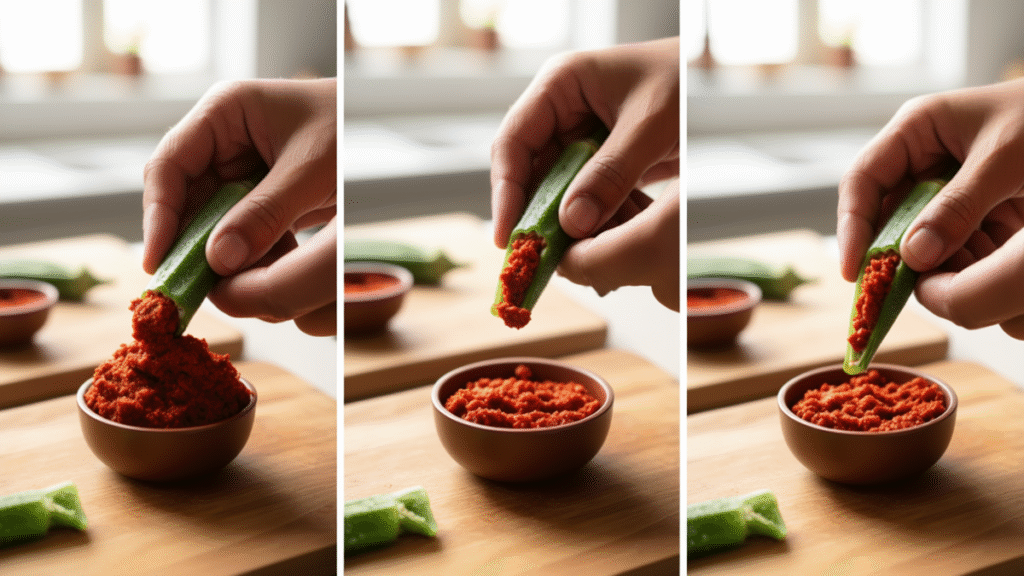भरी भिंडी रेसिपी : आसान और टेस्टी नो-कुक तरीका 4 Bharee Bhindee Resipee – Step-by-step stuffing of fresh okra with peanut-sesame masala for no-cook stuffed okra