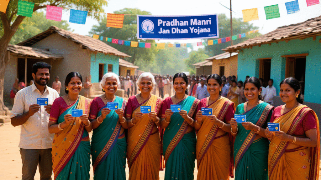 Pradhan Mantri Jan Dhan Yojana: 11 साल में 56 करोड़ खातों की सफलता 2 Rural women opening Jan Dhan bank accounts at a local branch.
