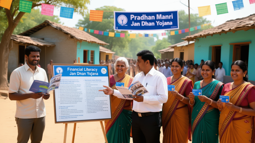 Pradhan Mantri Jan Dhan Yojana: 11 साल में 56 करोड़ खातों की सफलता 4 Bank officials educating villagers about financial literacy under Jan Dhan Yojana.