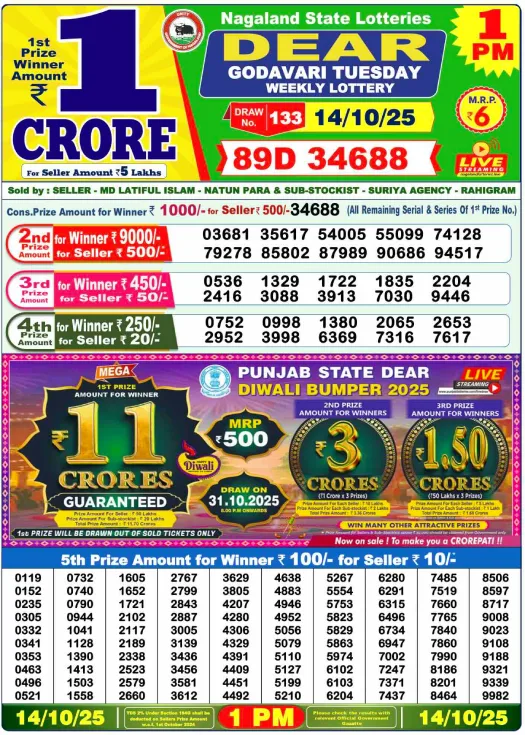 Lottery Sambad Result Today 14-10-25 1 PM live update with winning numbers, check latest official draw results online instantly.