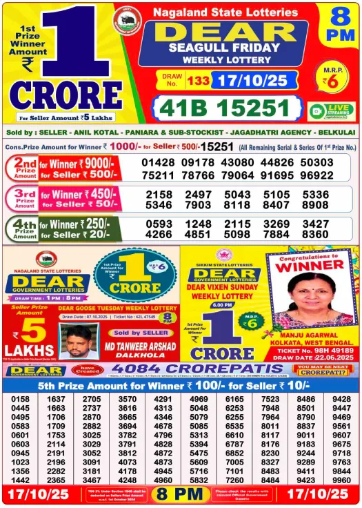 Lottery Sambad Result Today 17-10-25: Check 1 PM, 6 PM, 8 PM Draws 4 Lottery Sambad Result Today 17-10-25 live 8 PM