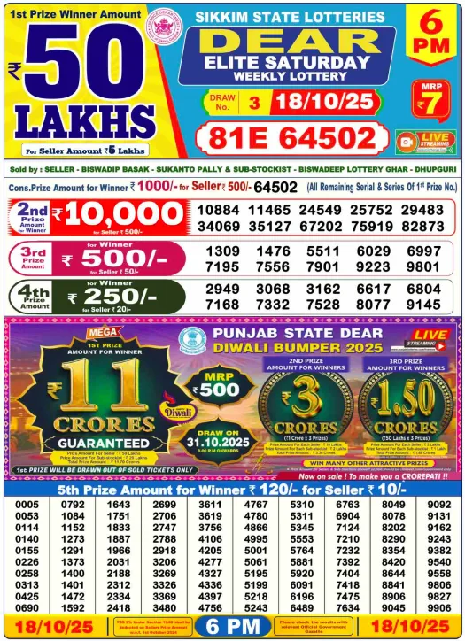 Nagaland State Lottery 18.10.25 Live Result 6 PM
