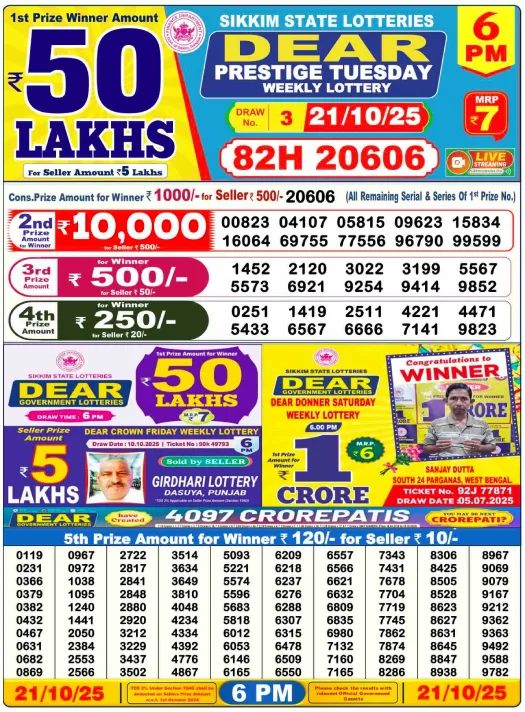 Lottery Sambad Today 21.10.25 – Check Out the Winning Numbers Now! 3 Lottery Sambad Live Result 6 PM