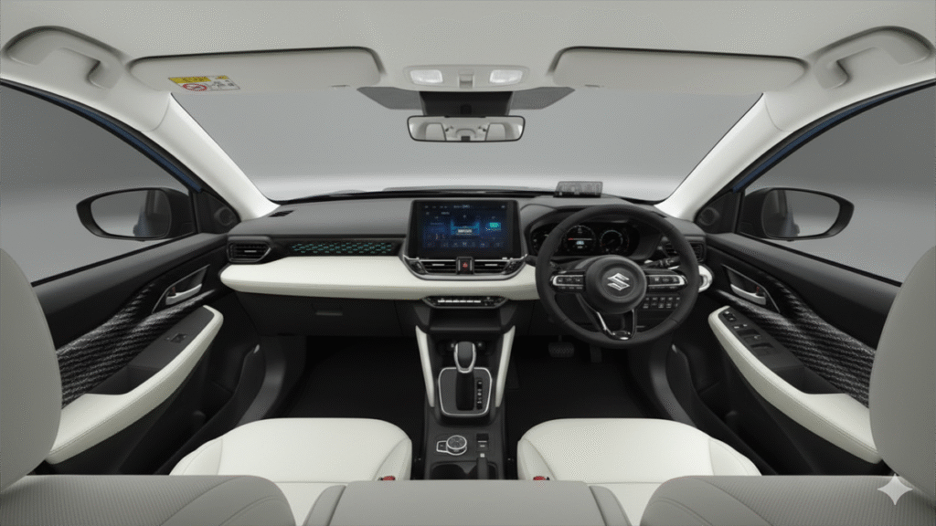 Maruti Victoris SUV लॉन्च: शानदार लुक, दमदार इंजन और 28.65 kmpl माइलेज से मचाया धमाल! 3 Maruti Victoris SUV interior showing premium dashboard, leather seats, and touchscreen infotainment