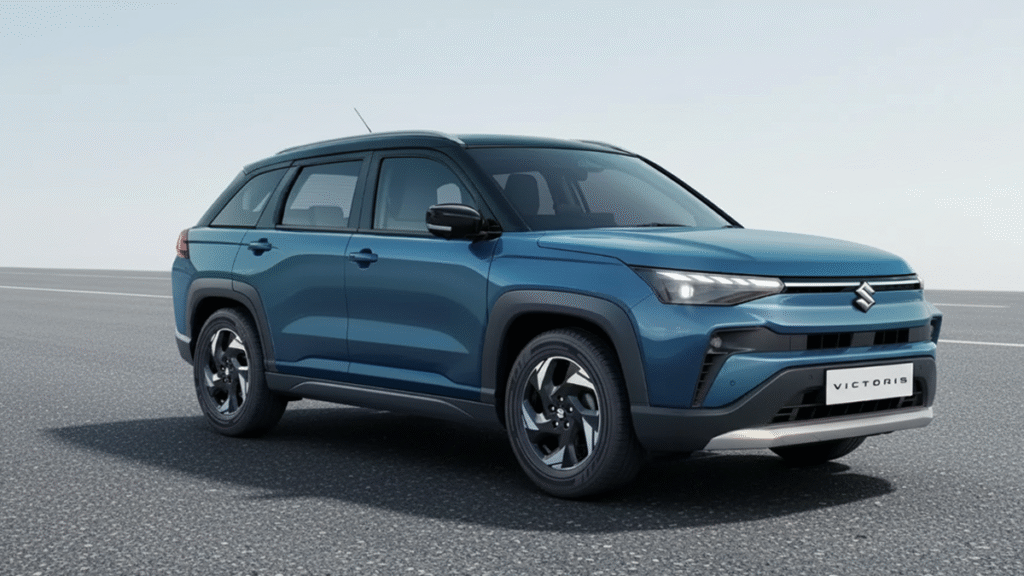 Maruti Victoris SUV लॉन्च: शानदार लुक, दमदार इंजन और 28.65 kmpl माइलेज से मचाया धमाल! 4 Maruti Victoris SUV on road showcasing muscular design, bold grille, and stylish headlights
