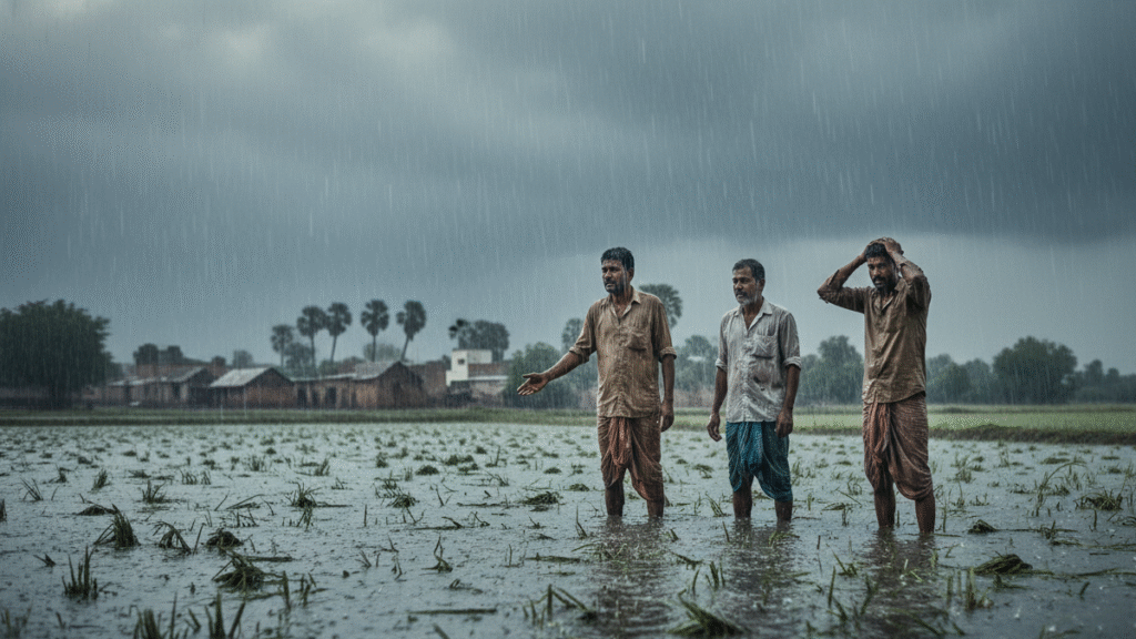Chakravaat Motha - के प्रकोप से आज 7 राज्यों में मौसम का मिजाज बदला, आंध्र-ओडिशा पर संकट! 2 Chakravaat Motha causing severe crop damage in Madhya Pradesh, flooded farm fields, worried farmers, cloudy sky, ongoing rain, agricultural loss.