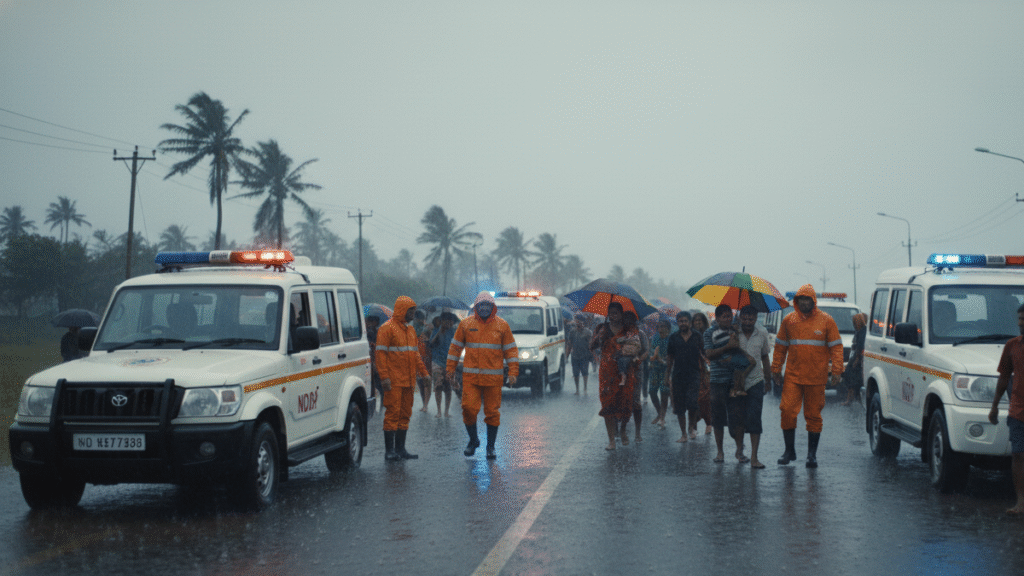 Chakravaat Motha - के प्रकोप से आज 7 राज्यों में मौसम का मिजाज बदला, आंध्र-ओडिशा पर संकट! 3 Chakravaat Motha rescue teams evacuating villagers in Andhra Pradesh, heavy rain, strong winds, emergency response vehicles, dangerous conditions.