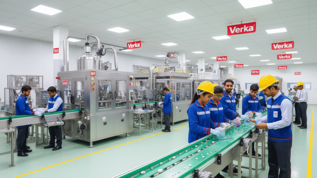 Verka Milkfed Recruitment 2025: In Amritsar 2 Modern Verka Milk plant in Amritsar with advanced machinery and young employees working in teams