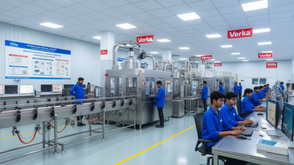 Verka Milkfed Recruitment 2025: In Amritsar 4 Global expansion of Verka Milkfed with milk cartons, Amazon e-commerce, and international map elements