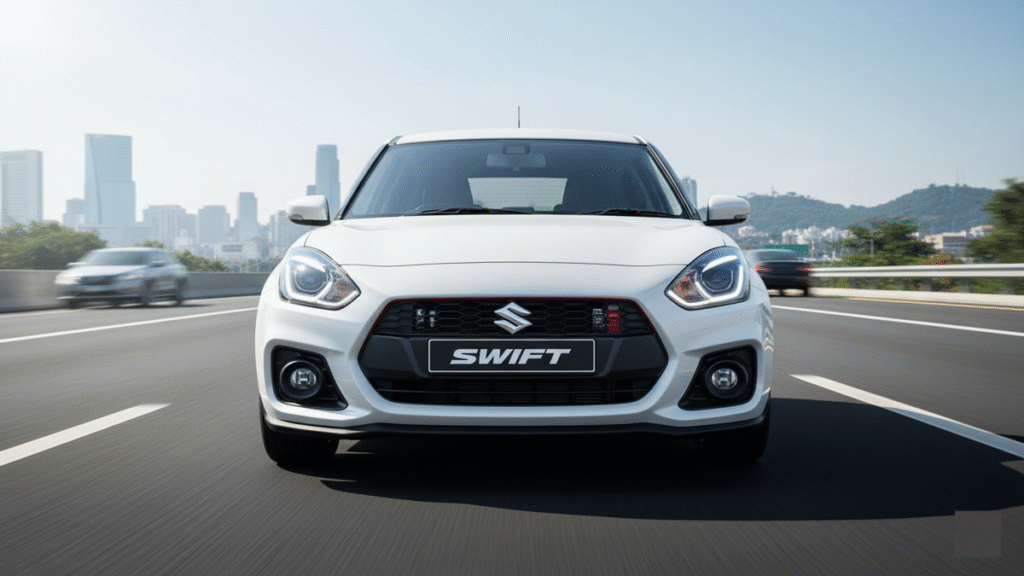 Maruti Suzuki Swift 2025: स्टाइल, माइलेज और फीचर्स का नया रूप 2 Maruti Suzuki Swift 2025 front view showcasing sporty hatchback design and LED headlights