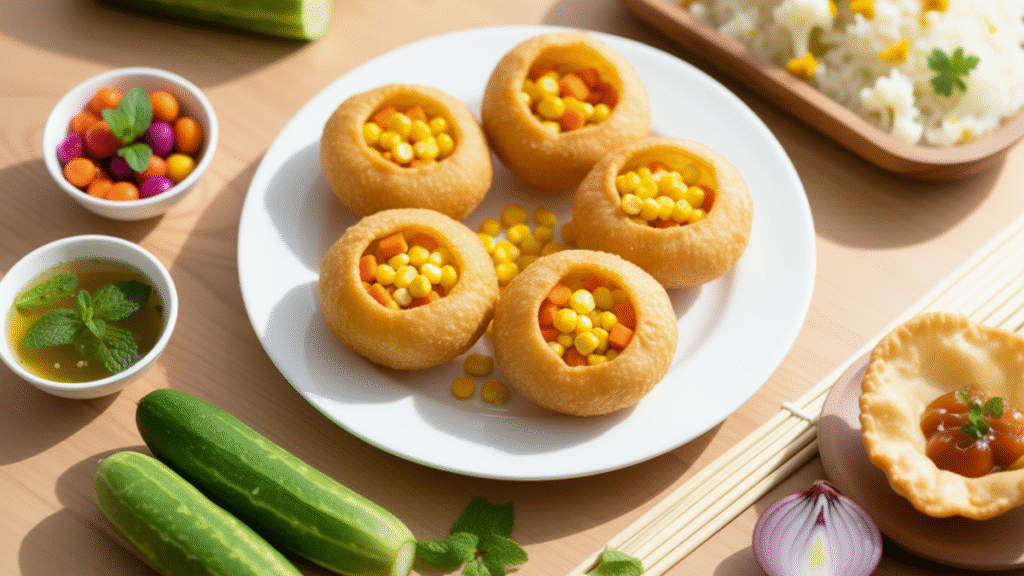 Delicious Zero Oil & Zero Salt Dinner 2025 4 ir-fried pani puri served with fruit-flavored and mint-spicy water, sweet corn and carrot stuffing, surrounded by fresh ingredients in bright light