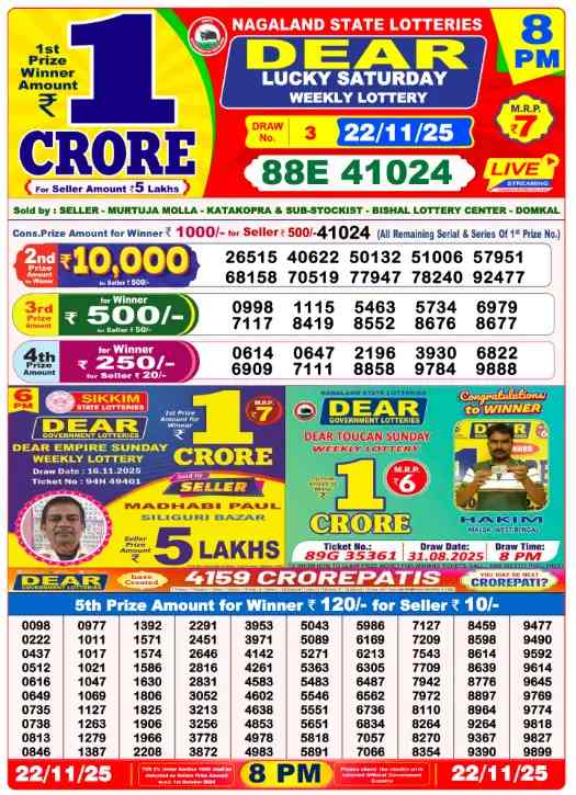 Lottery Sambad Today 22.11.25 Results – Full Chart, Winners & Prize Details 4 Lottery Sambad Today 22.11.25 - 8 PM
