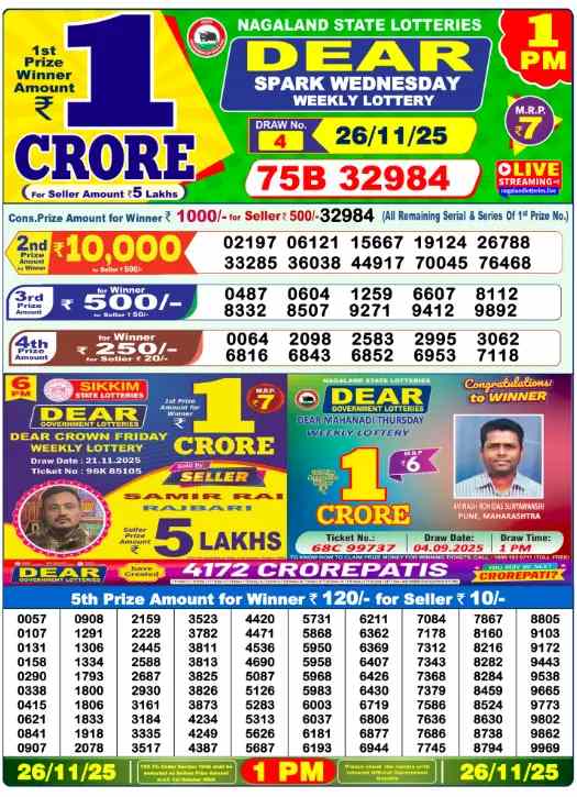 Lottery Sambad Result 26.11.25 At 1 PM
