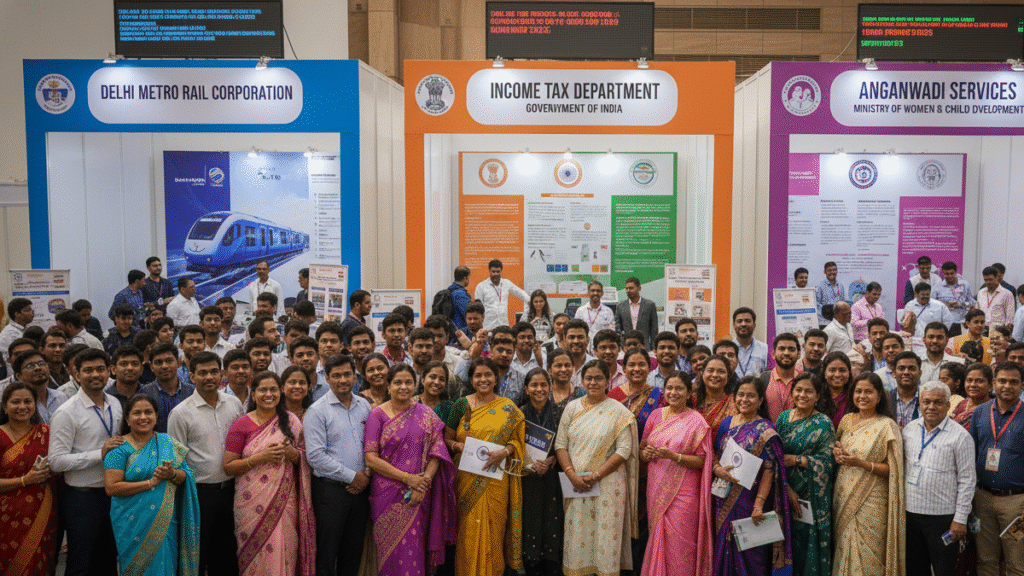 Top Government Jobs November 2025—Focus Sector Updates 4 Top Government Jobs November 2025 capture job seekers at a busy fair applying for Income Tax, Delhi Metro, Anganwadi, and other government vacancies.