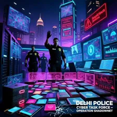 Cyber Hawk Operation साइबर अपराध और दिल्ली पुलिस का ‘ऑपरेशन साइबर हॉक’ 2 Cyber Hawk Operation digital control room showing police monitoring cybercrime activity.