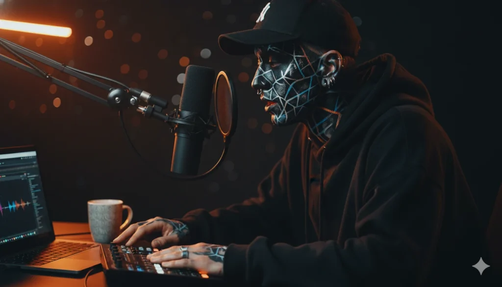 Talwiinder Most Famous Song – The Face Behind the Viral Beat 4 Artist in recording studio with creative face paint, singing into microphone while mixing music on laptop under warm orange lights.