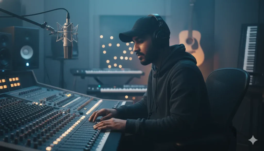 Talwiinder Most Famous Song – The Face Behind the Viral Beat 3 Talwiinder Most Famous Song video scene with neon-lit city skyline at night, showing his confident walk and journey to global fame.