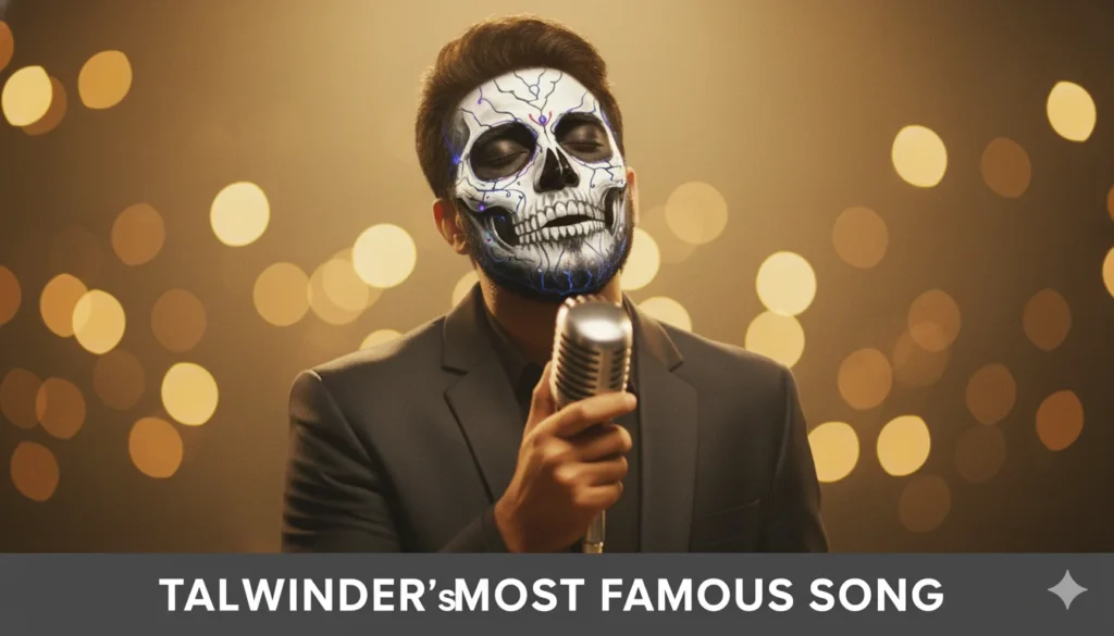 Talwiinder Most Famous Song – The Face Behind the Viral Beat 2 Paint-style portrait of Talwiinder singing emotionally with skull face paint and golden stage lights, symbolizing his most famous song.