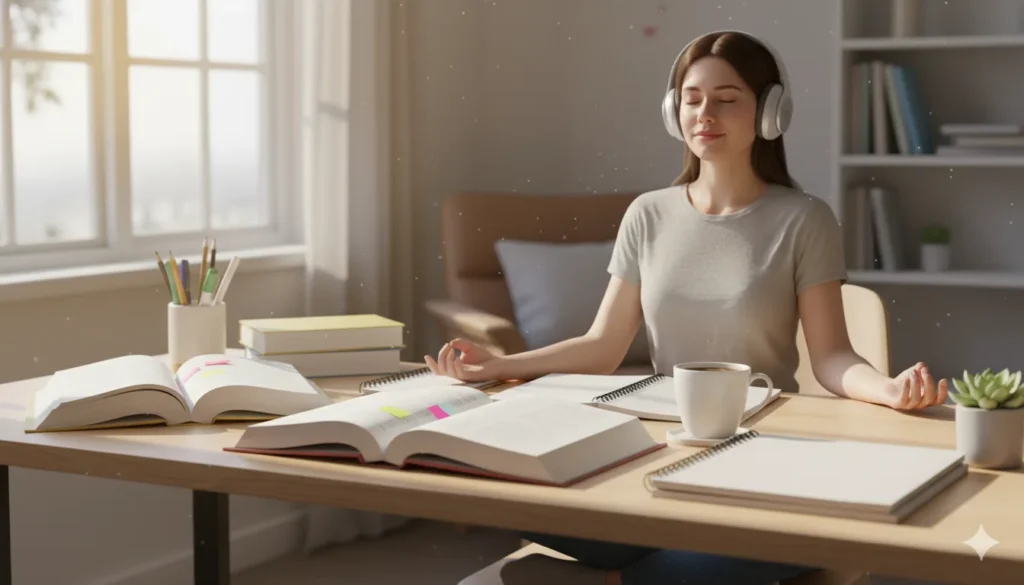 Exam Season Alert: Students ke liye Best Stress-Free Study Tips! 2 Exam Season Alert moment showing a student meditating before study — promoting mindfulness and calm focus during exams.