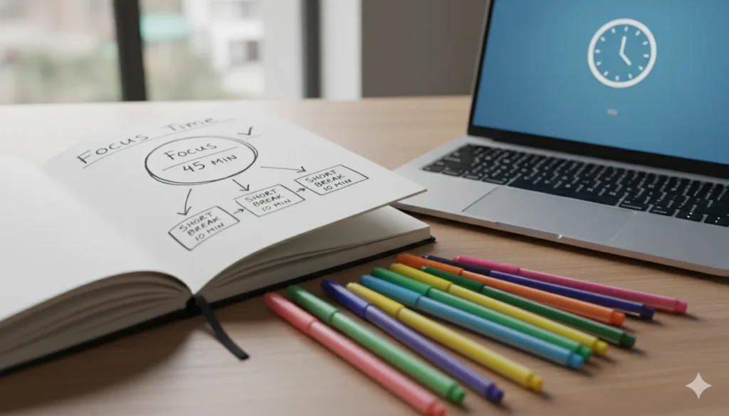 Exam Season Alert: Students ke liye Best Stress-Free Study Tips! 3 Exam Season Alert concept with Pomodoro timer showing 45-minute sessions and 10-minute breaks for better focus and study balance.