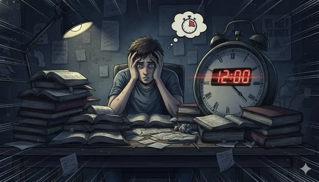 WHO report revealed : बढ़ता Exam Anxiety 2025 – 7 जरूरी Tips जो बचा सकते हैं आपका Mental Health! 2 who report Student feeling exam anxiety sitting at desk surrounded by books and ticking clock, symbolizing growing exam stress among students 2025.