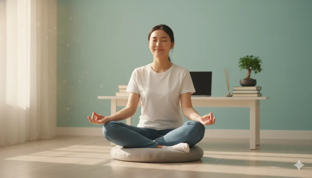 WHO report revealed : बढ़ता Exam Anxiety 2025 – 7 जरूरी Tips जो बचा सकते हैं आपका Mental Health! 3 who report Smiling student meditating before study session in peaceful room, promoting relaxation, mental balance, and stress-free learning.