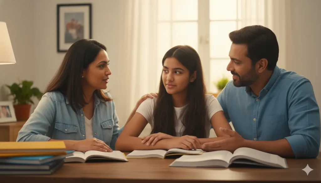 WHO report revealed : बढ़ता Exam Anxiety 2025 – 7 जरूरी Tips जो बचा सकते हैं आपका Mental Health! 4 who report Parents supporting their child at study table with motivation and care, highlighting positive parental role during exam preparation 2025.