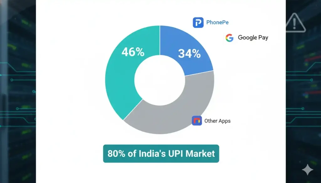 Unified Payments Interface (UPI): India’s Digital Revolution at a Crossroads 2 Unified Payments Interface compact chart showing market share split, two dominant apps, small apps faded 2025.