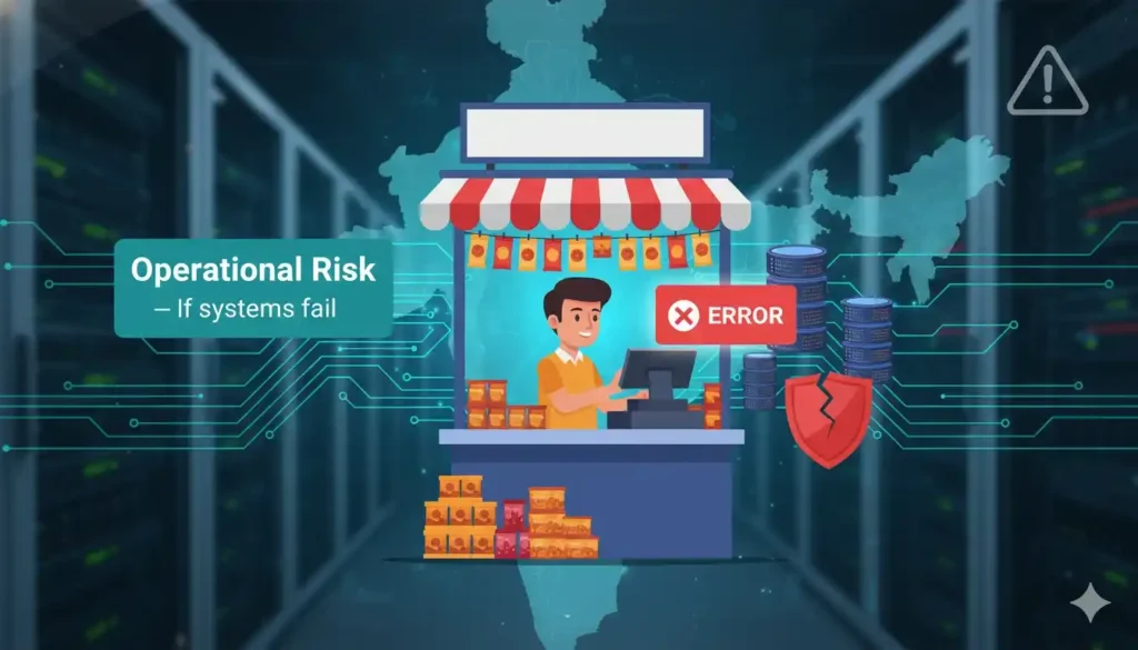 Unified Payments Interface (UPI): India’s Digital Revolution at a Crossroads 3 Unified Payments Interface compact graphic showing disrupted payments at shops with error popup and server warning