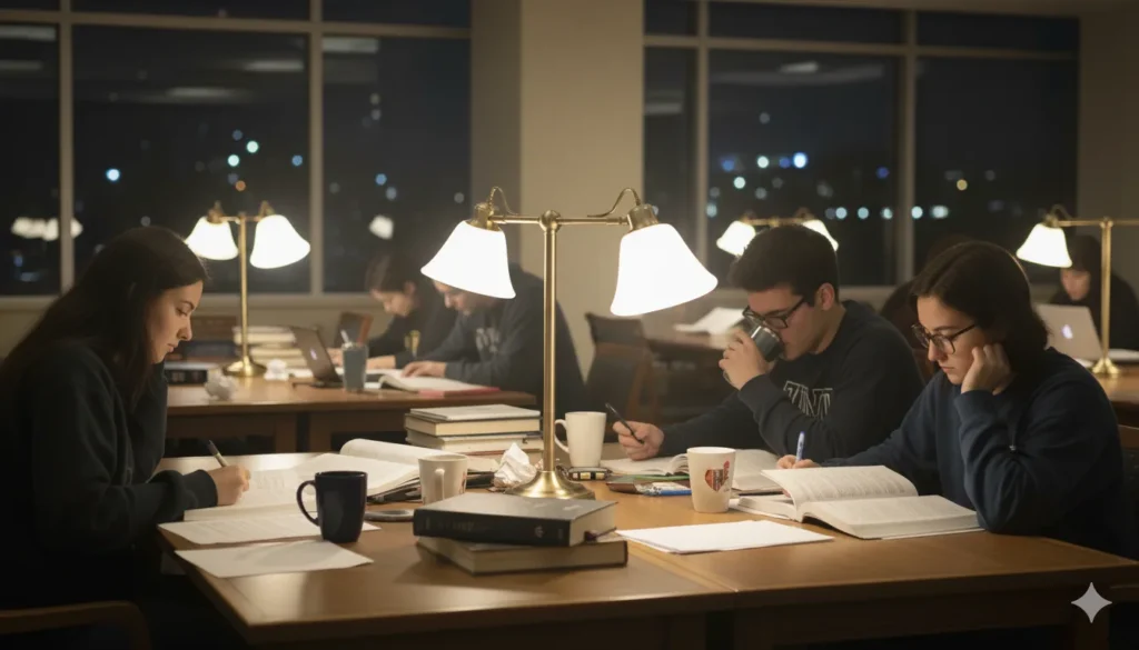 7 Powerful Late Night Study Tips: बिना थके पूरी रात पढ़ाई के Positive Secrets! 2 Late Night Study Tips - Students reading books at midnight for exams.