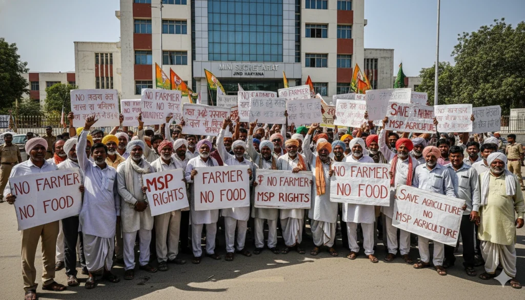 Jind News Today 6 November 2025: जिले की बड़ी खबरें और अपडेट्स 2 Jind News Today 6 November Farmers protesting outside Jind Mini Secretariat for pending crop payments – Haryana farmers protest 2025.
