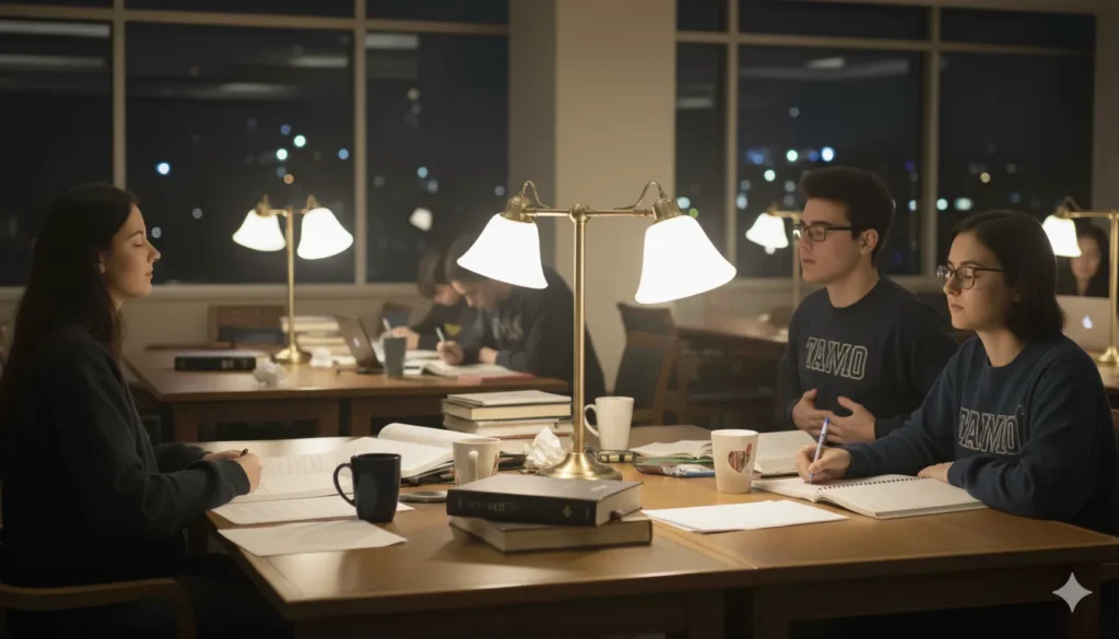 7 Powerful Late Night Study Tips: बिना थके पूरी रात पढ़ाई के Positive Secrets! 3 Late Night Study Tips Students relaxing with meditation during stud
