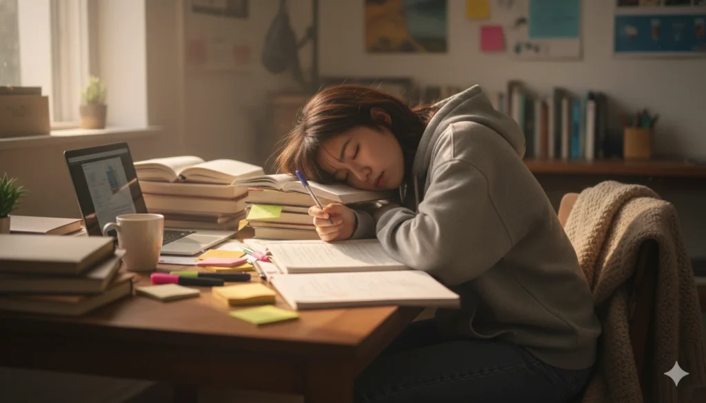 Board Exam 2025 Alert: 7 Stress-Free Study Tips Jo Students Ko Banayenge Toppers! 3 Board Exam 2025 Alert Student taking short nap with open books