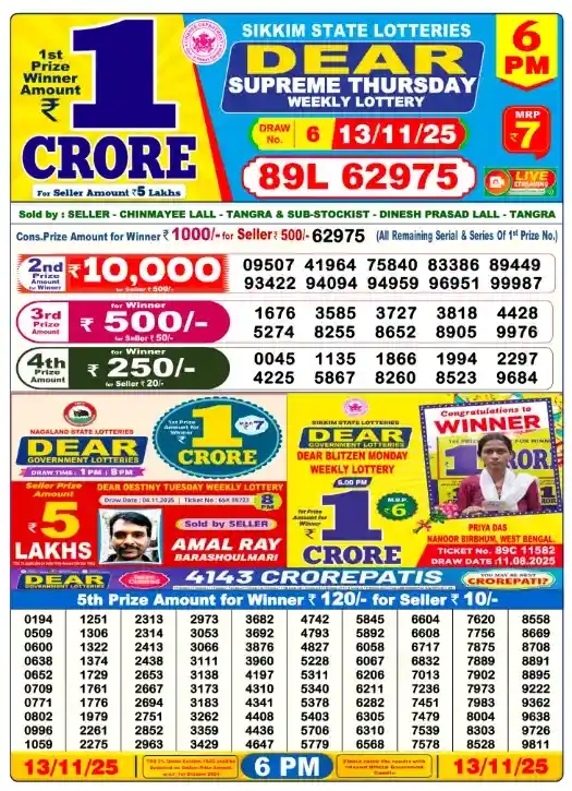 Lottery Sambad Result 13.11.25: Today’s Full Winner List 3 Lottery Sambad Result 13.11.25 (6 PM)