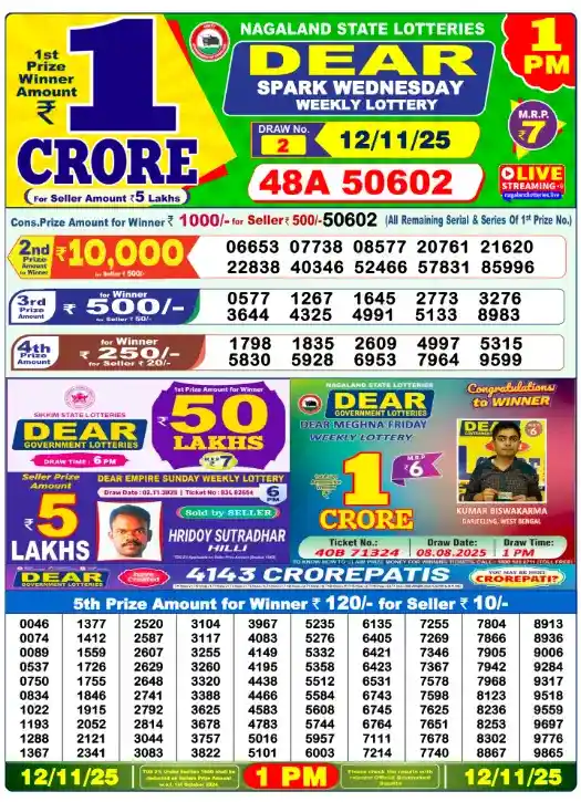 Nagaland State Lottery 12.11.25 – Morning Draw (1 PM Live) 2 Nagaland State Lottery – Evening Draw (1 PM Updates)
