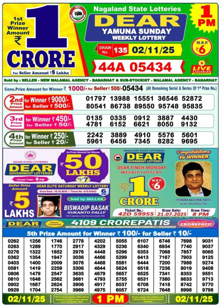 Nagaland State Lottery Result 2.11.2025-check Update 2 Nagaland State Lottery Result at 1pm