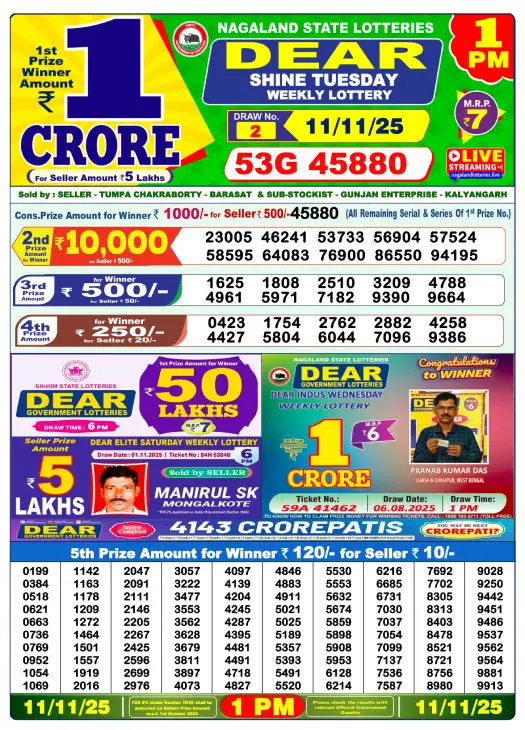 Lottery Sambad Result 11.11.2025 – Check Today Full Winner List Here! 2 Lottery Sambad Result - Dear Morning Draw (1 PM)