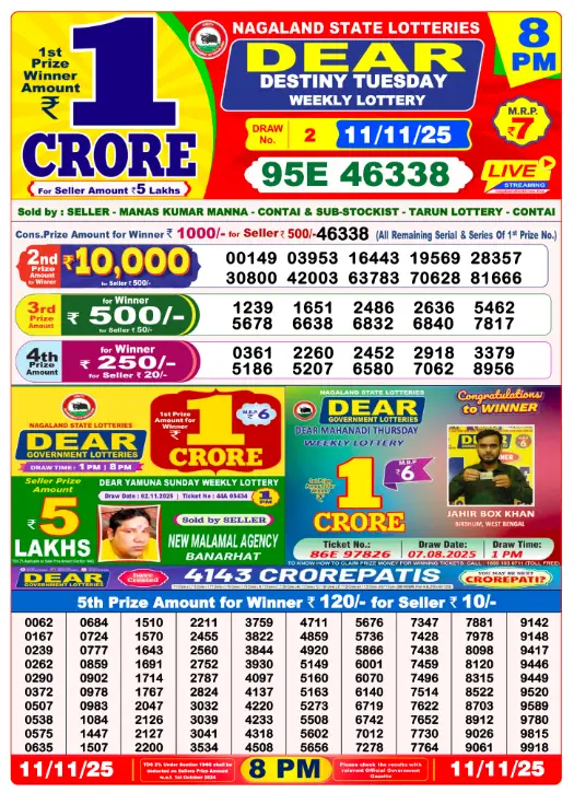 Lottery Sambad Result 11.11.2025 – Check Today Full Winner List Here! 4 Lottery Sambad Result – Dear Night Draw (8 PM)