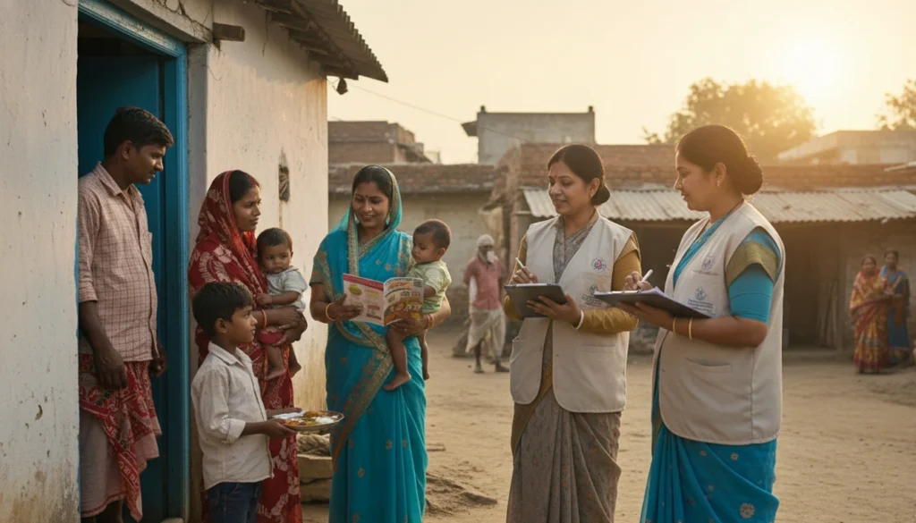Mahtari Vandana Yojana 2025: अब कुपोषण पर कसी जाएगी लगाम, महिलाओं को मिलेगा सीधा लाभ 2 Mahtari Vandana Yojana 2025 rural women receiving scheme awareness from government health workers during home visit, mother with child and survey team