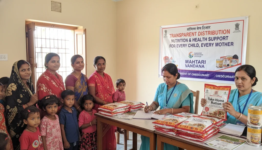 Mahtari Vandana Yojana 2025: अब कुपोषण पर कसी जाएगी लगाम, महिलाओं को मिलेगा सीधा लाभ 3 Mahtari Vandana Yojana 2025 nutrition support distribution to rural mothers and children, frontline workers providing take-home ration packets in centre
