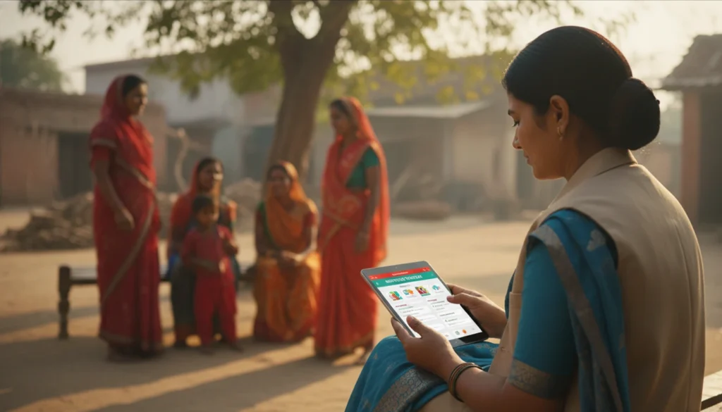 Mahtari Vandana Yojana 2025: अब कुपोषण पर कसी जाएगी लगाम, महिलाओं को मिलेगा सीधा लाभ 4 Mahtari Vandana Yojana 2025 health worker using digital tablet to assist rural women about scheme benefits, mothers sitting in village background