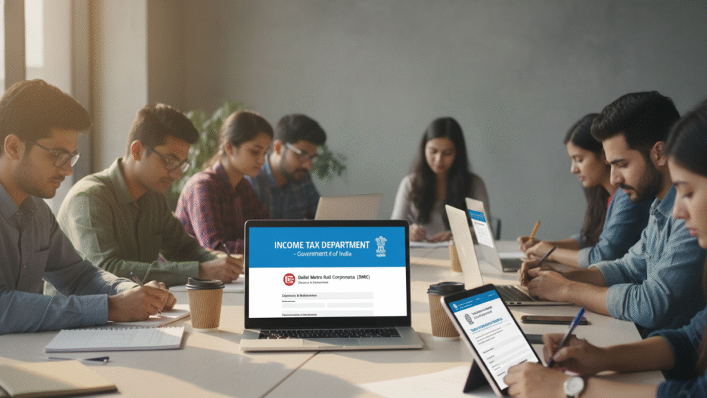 Top Government Jobs November 2025—Latest Updates for Job Seekers 2 Top Government Jobs November 2025 show Indian job aspirants applying online for Income Tax, Delhi Metro, and teaching jobs using digital devices.